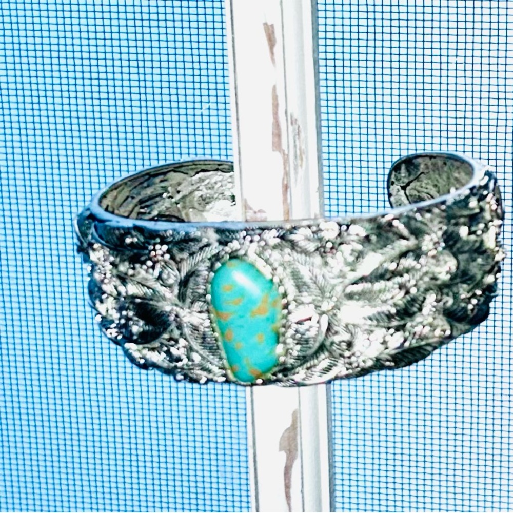 Intricate Silver Cuff Bracelet with Turquoise Stone